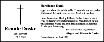 Traueranzeige von Renate Duske von Wolfsburger Nachrichten