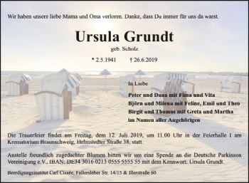 Traueranzeige von Ursula Grundt von Braunschweiger Zeitung
