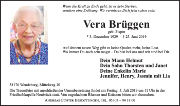 Traueranzeige von Vera Brüggen von Braunschweiger Zeitung