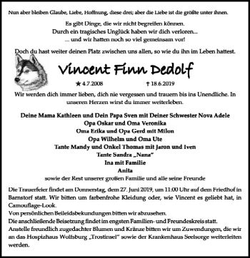 Traueranzeige von Vincent Finn Dedolf von Wolfsburger Nachrichten