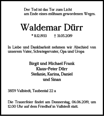 Traueranzeige von Waldemar Dürr von Braunschweiger Zeitung