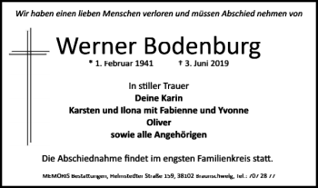 Traueranzeige von Werner Bodenburg von Braunschweiger Zeitung