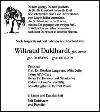 Traueranzeige von Wiltraud Duldhardt von Helmstedter Nachrichten