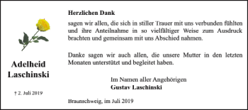 Traueranzeige von Adelheid Laschinski von Braunschweiger Zeitung