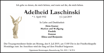 Traueranzeige von Adelheid Laschinski von Braunschweiger Zeitung