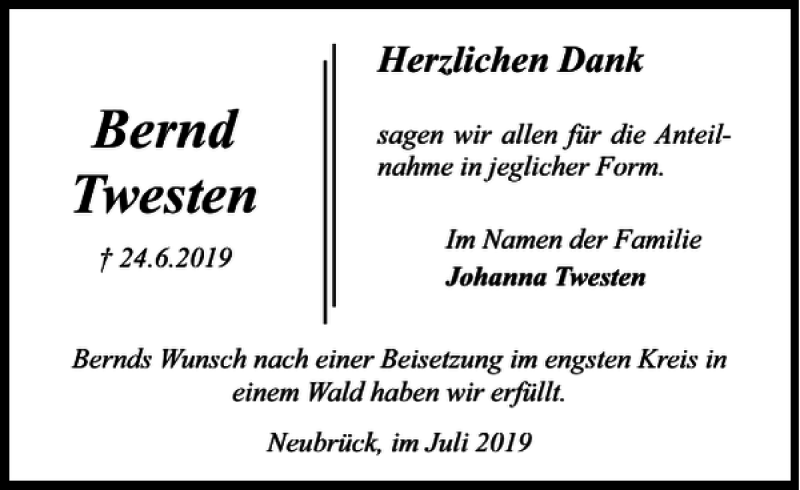  Traueranzeige für Bernd Twesten vom 26.07.2019 aus Wolfsburger Nachrichten