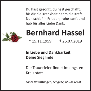 Traueranzeige von Bernhard Hassel von Salzgitter Zeitung