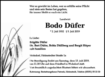 Traueranzeige von Bodo Düfer von Braunschweiger Zeitung