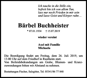 Traueranzeige von Bärbel Buchheister von Braunschweiger Zeitung
