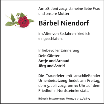 Traueranzeige von Bärbel Niendorf von Wolfsburger Nachrichten
