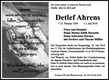 Traueranzeige von Detlef Ahrens von Braunschweiger Zeitung