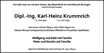 Traueranzeige von Dipl. Ing. Karl Heinz Krummrich von Braunschweiger Zeitung