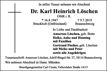 Traueranzeige von Dr. Karl Heinrich Löschen von Braunschweiger Zeitung