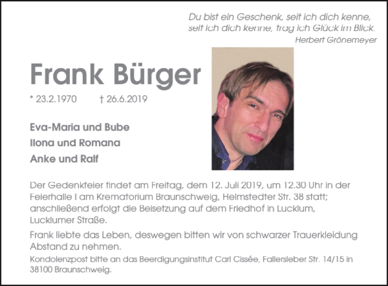  Traueranzeige für Frank Bürger vom 06.07.2019 aus Braunschweiger Zeitung