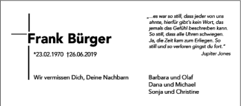 Traueranzeige von Frank Bürger von Braunschweiger Zeitung