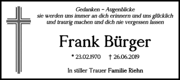 Traueranzeige von Frank Bürger von Braunschweiger Zeitung
