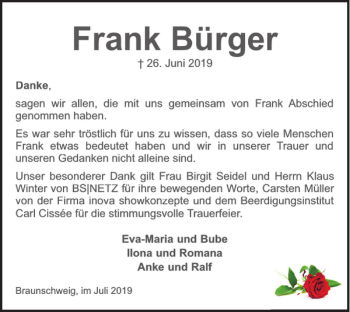 Traueranzeige von Frank Bürger von Braunschweiger Zeitung