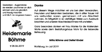 Traueranzeige von Heidemarie Böhme von Wolfsburger Nachrichten