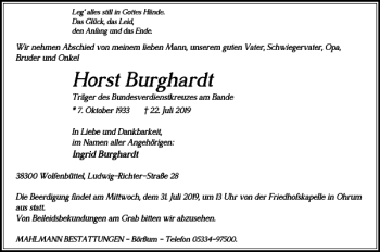 Traueranzeige von Horst Burghardt von Wolfenbütteler Zeitung
