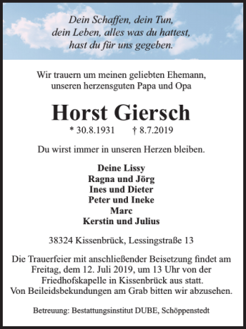 Traueranzeige von Horst Giersch von Wolfenbütteler Zeitung