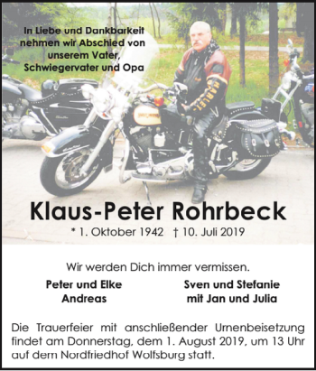 Traueranzeige von Klaus-Peter Rohrbeck von Wolfsburger Nachrichten