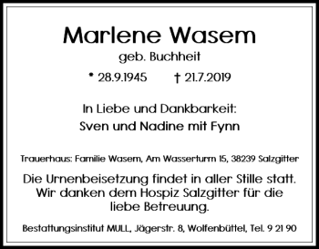 Traueranzeige von Marlene Wasem von Salzgitter Zeitung