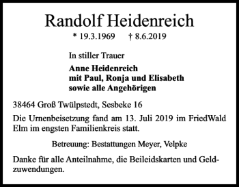 Traueranzeige von Randolf Heidenreich von Wolfsburger Nachrichten