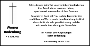 Traueranzeige von Werner Bodenburg von Braunschweiger Zeitung