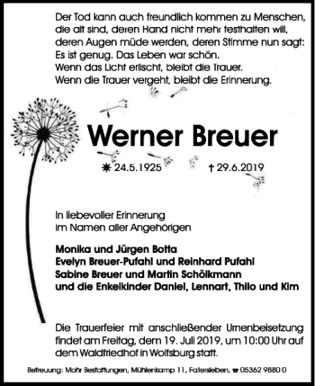 Traueranzeige von Werner Breuer von Wolfsburger Nachrichten