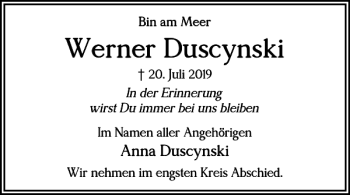 Traueranzeige von Werner Duscynski von Wolfsburger Nachrichten