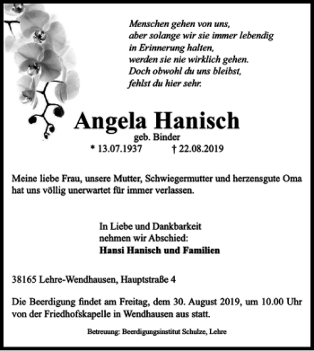 Traueranzeige von Angela Hanisch von Helmstedter Nachrichten