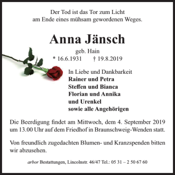 Traueranzeige von Anna Jänsch von Braunschweiger Zeitung