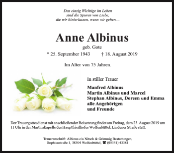 Traueranzeige von Anne Albinus von Braunschweiger Zeitung