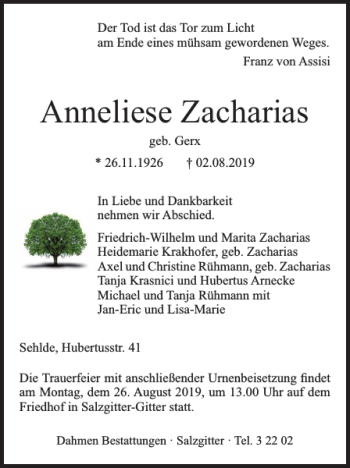 Traueranzeige von Anneliese Zacharias von Salzgitter Zeitung