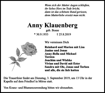 Traueranzeige von Anny Klauenberg von Wolfsburger Nachrichten