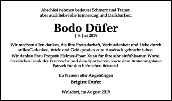 Traueranzeige von Bodo Düfer von Braunschweiger Zeitung