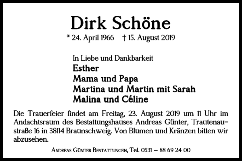  Traueranzeige für Dirk Schöne vom 19.08.2019 aus Braunschweiger Zeitung