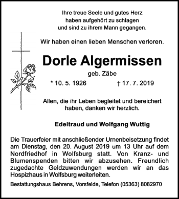 Traueranzeige von Dorle Algermissen von Wolfsburger Nachrichten