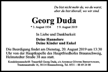 Traueranzeige von Georg Duda von Braunschweiger Zeitung