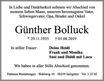 Traueranzeige von Günther Bolluck von Salzgitter Zeitung