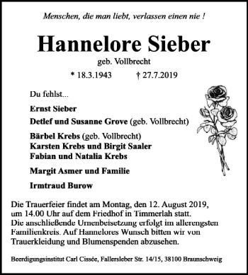 Traueranzeige von Hannelore Sieber von Braunschweiger Zeitung