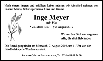 Traueranzeige von Inge Meyer von Braunschweiger Zeitung