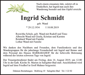 Traueranzeige von Ingrid Schmidt von Salzgitter Zeitung
