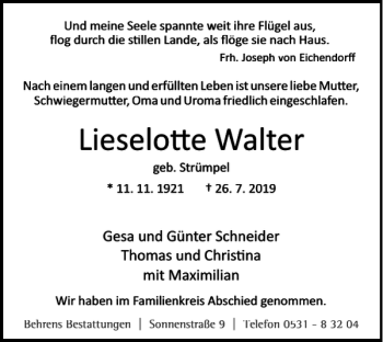 Traueranzeige von Lieselo e Walter von Braunschweiger Zeitung