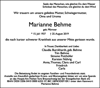Traueranzeige von Marianne Behme von Braunschweiger Zeitung