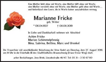 Traueranzeige von Marianne Fricke von Braunschweiger Zeitung