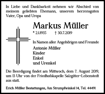 Traueranzeige von Markus Müller von Salzgitter Zeitung