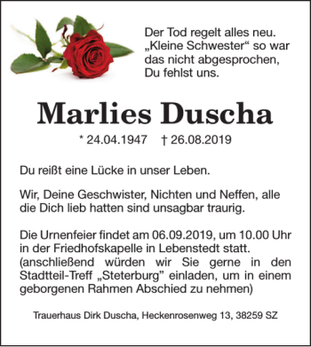 Traueranzeige von Marlies Duscha von Salzgitter Zeitung