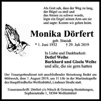 Traueranzeige von Monika Dörfert von Wolfenbütteler Zeitung