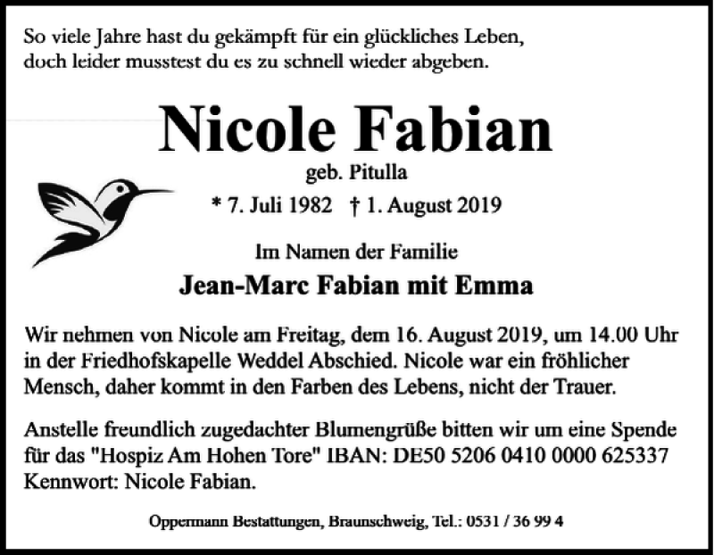  Traueranzeige für Nicole Fabian vom 09.08.2019 aus Braunschweiger Zeitung